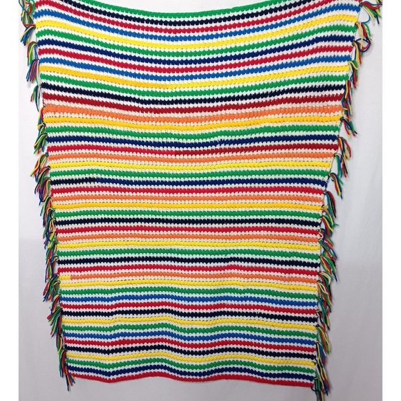 Handmade Crochet Rainbow Stripe Baby Afghan Blanket Fringe Colorful 52"x 44" - Picture 3 of 8